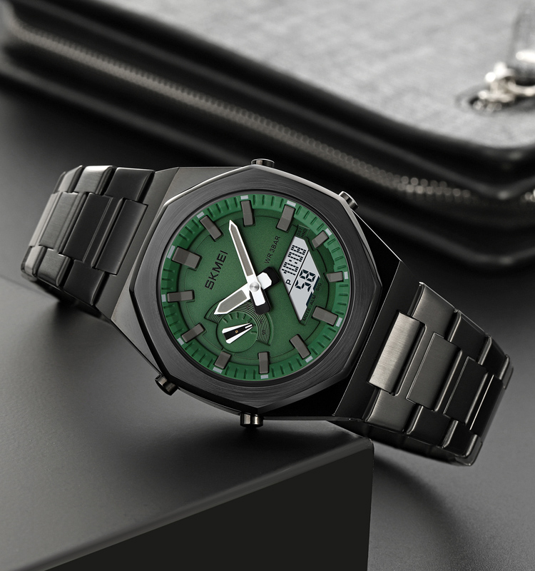 Picture of SKMEI 1816 Black Stainless Steel Dual Time Watch For Men - Green & Black (White)
