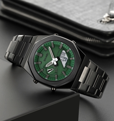 Picture of SKMEI 1816 Black Stainless Steel Dual Time Watch For Men - Green & Black (White)