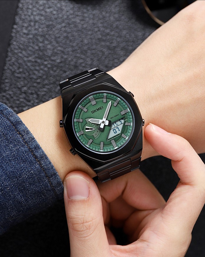 Picture of SKMEI 1816 Black Stainless Steel Dual Time Watch For Men - Green & Black (White)