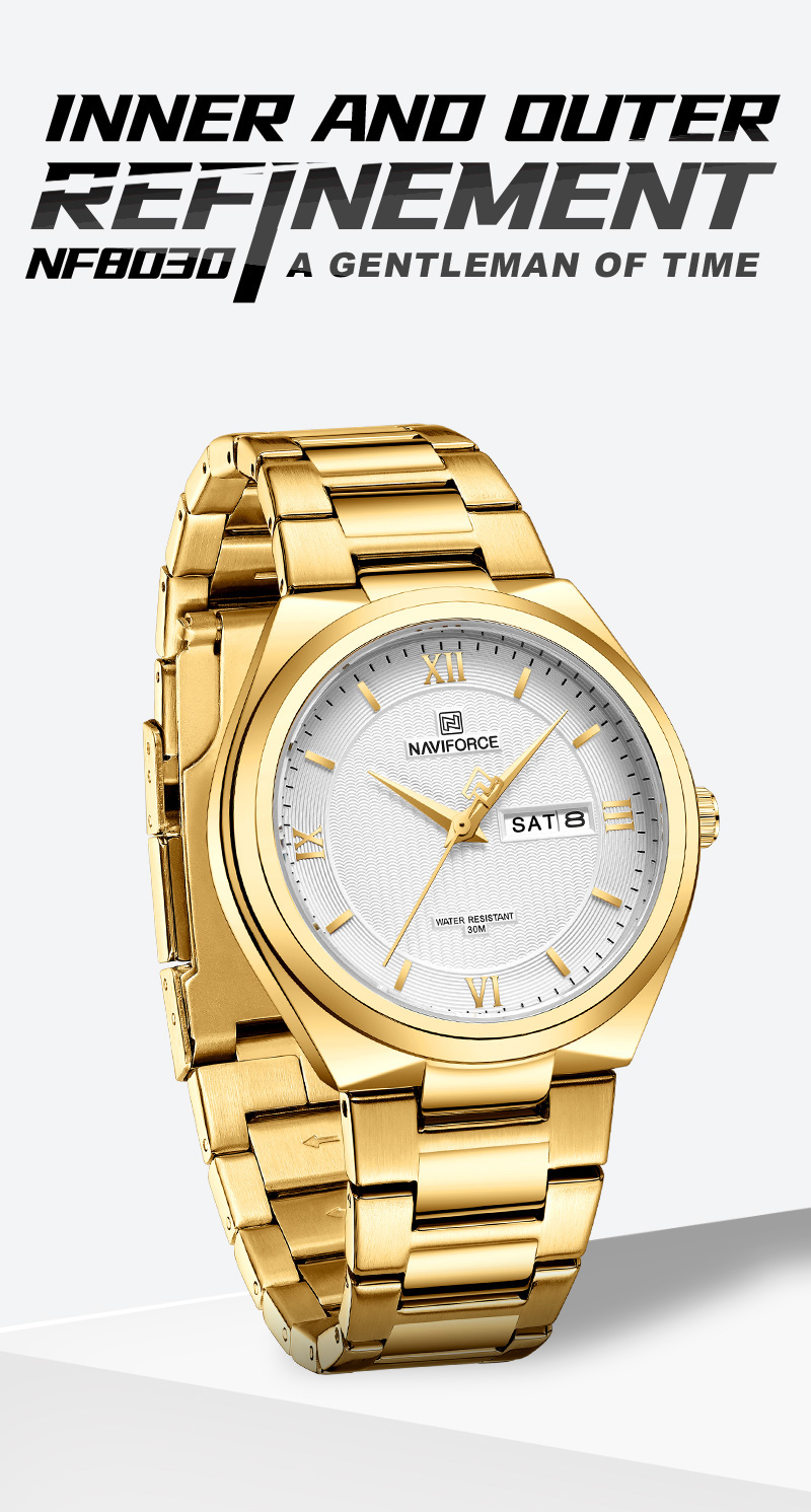 Picture of NAVIFORCE NF8030G Golden Stainless Steel Analog Watch For Men - White & Golden