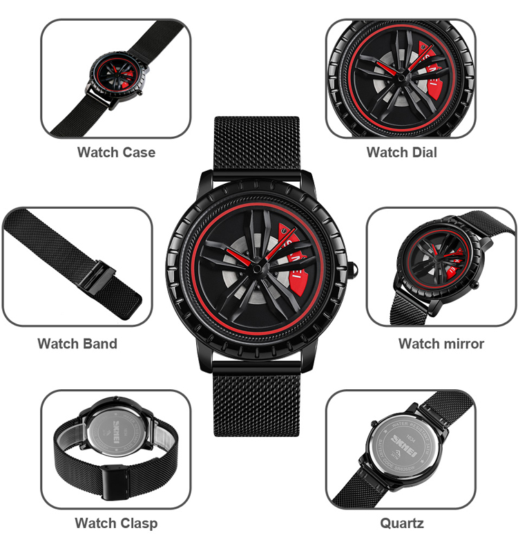 Picture of SKMEI 1634 Black Mesh Stainless Steel Rotation Wheel Fashion Waterproof Analog Quartz Watch For Men