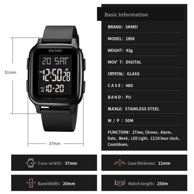 Picture of SKMEI 1858 Square Waterproof Calendar Countdown Electronic Digital Dual Display LED Luminous Watch