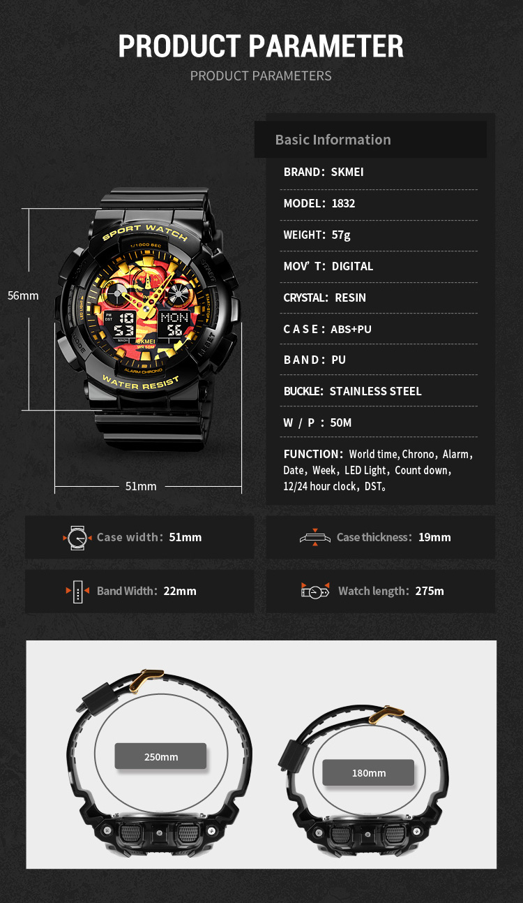 Picture of SKMEI 1832 Black PU Sports Dual Time LED Digital Chronograph Display Luminous Waterproof Watch For Men