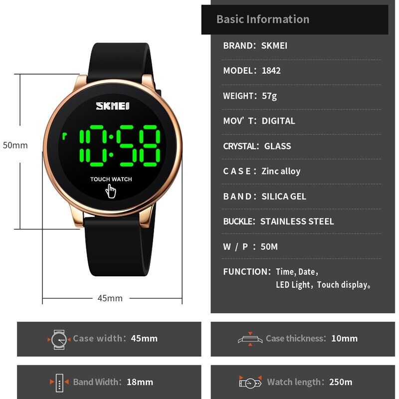 Picture of SKMEI 1842 Black PU Silica Gel Band Creative LED Touch Screen Digital Watch For Men