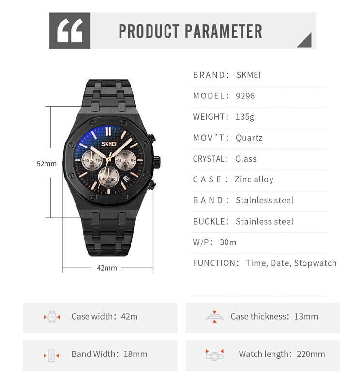 Picture of SKMEI 9296 Stainless Steel Fashion Business Luxury Chronograph Stopwatch Waterproof Quartz Watch For Men