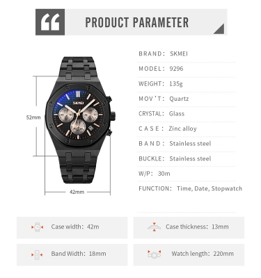 Picture of SKMEI 9296 Stainless Steel Fashion Business Luxury Chronograph Stopwatch Waterproof Quartz Watch For Men
