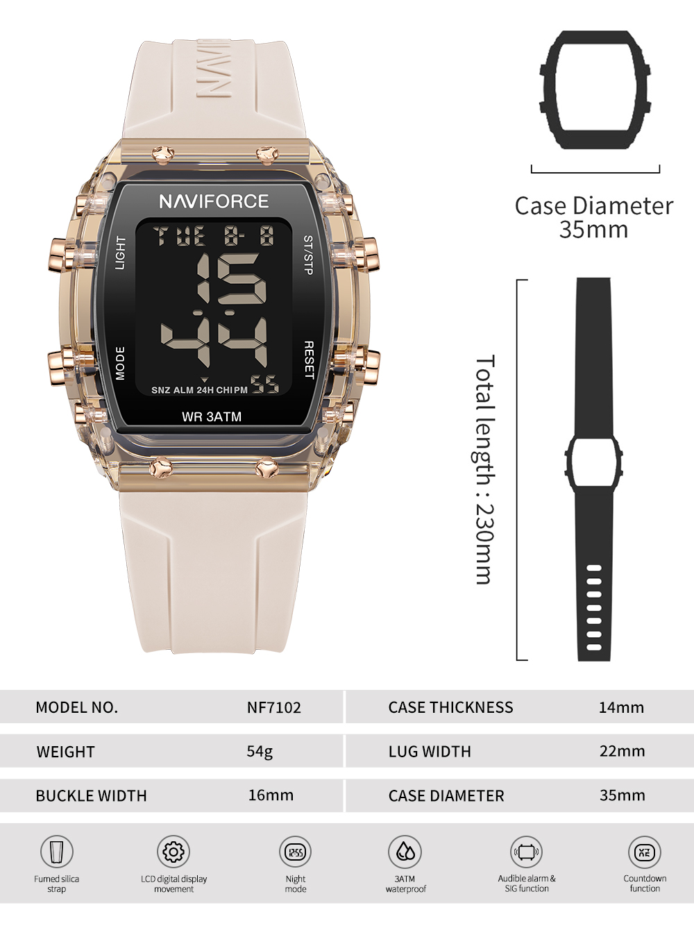 Picture of NAVIFORCE NF7102 Transparent Sports Waterproof LCD Digital Date Silicone Strap Electronic Watch For Unisex