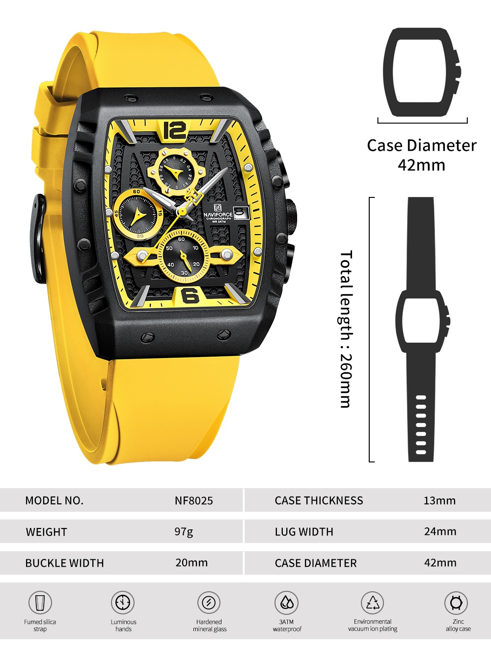 Picture of NAVIFORCE 8025 Quartz Colorful Silicone with Square Case Chronograph Sport Wrist Watch For Men