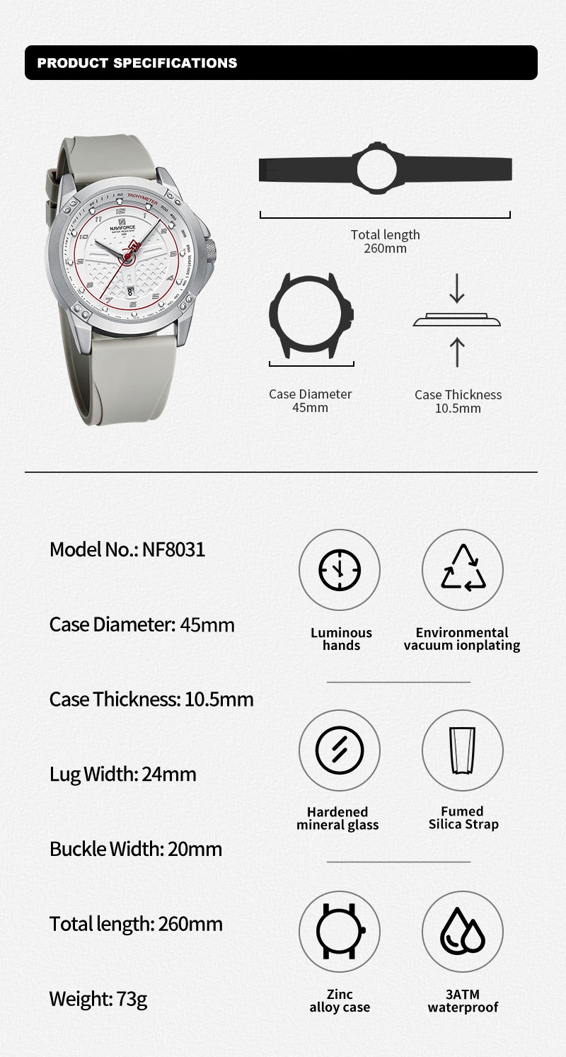 Picture of NAVIFORCE NF8031 Sport Quartz Watch For Men Silicone Strap With Date Alloy Case Wrist Watch