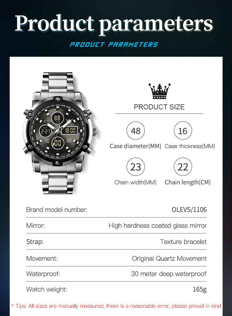 Picture of OLEVS 1106 Complication Luxury Stainless Steel Strap Men Wrist Watch Sport Digital Waterproof Watches for Men Luminous Alarm