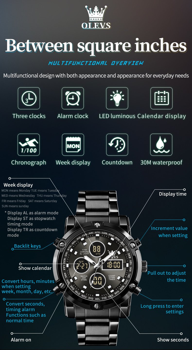 Picture of OLEVS 1106 Complication Luxury Stainless Steel Strap Men Wrist Watch Sport Digital Waterproof Watches for Men Luminous Alarm