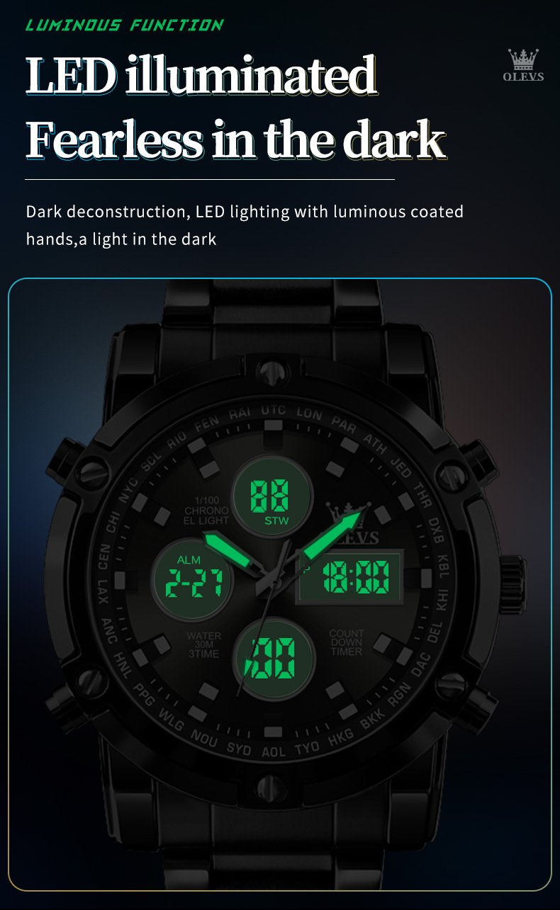Picture of OLEVS 1106 Complication Luxury Stainless Steel Strap Men Wrist Watch Sport Digital Waterproof Watches for Men Luminous Alarm
