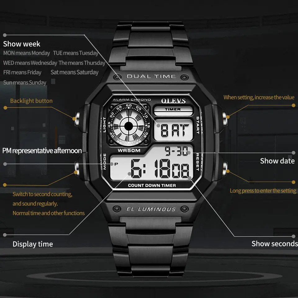 Picture of OLEVS 1108 Multi-function Hot Casual Watches For Men Digital Waterproof Stainless Steel Strap Male Wrist Watch Calendar Luminous