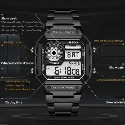 Picture of OLEVS 1108 Multi-function Hot Casual Watches For Men Digital Waterproof Stainless Steel Strap Male Wrist Watch Calendar Luminous
