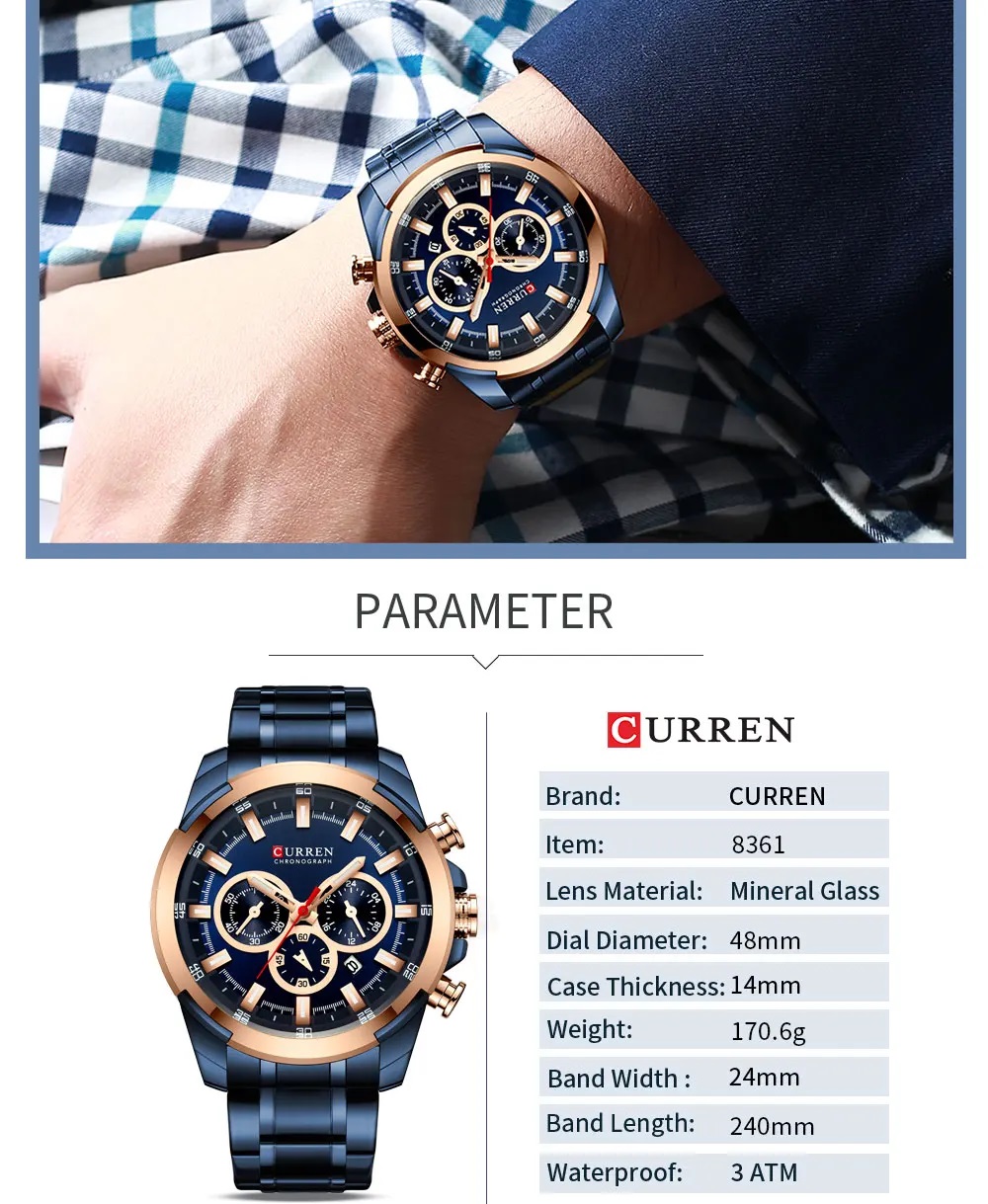 Picture of CURREN 8361 Casual Sporty Wristwatches Stainless Steel Band Chronograph Clock Men's Watches Luxury Original Quartz Clock Male