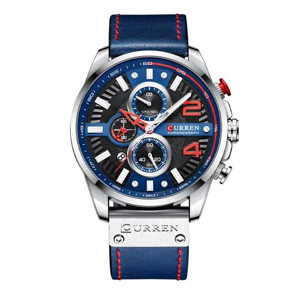 Picture of Curren 8393 Men Watch Casual Business Calendar Watch Leather Strap Waterproof Watch - Silver & Royal Blue