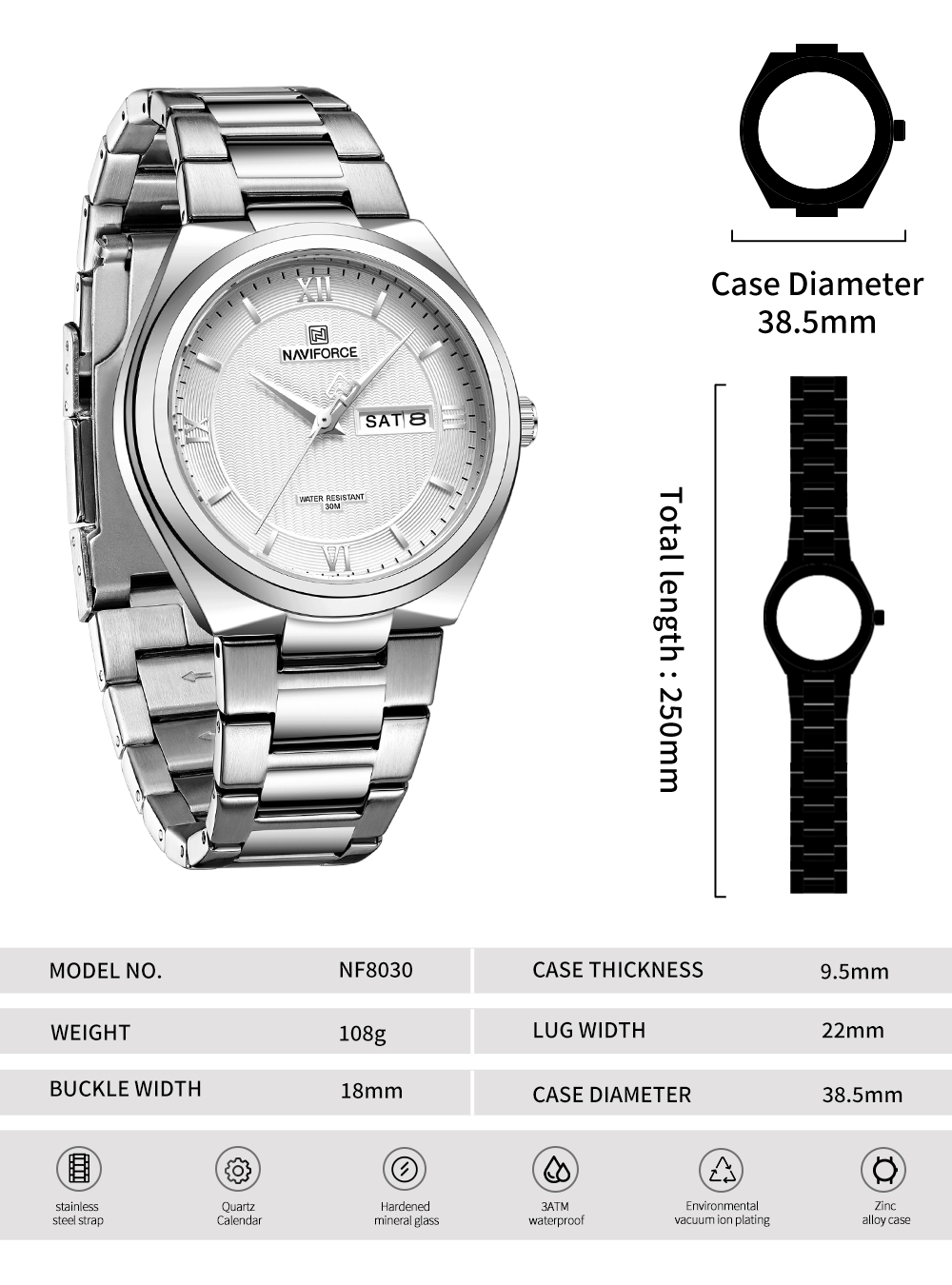 Picture of NAVIFORCE NF8030 Original Fashion Business Date Quartz Waterproof Military Stainless Steel Men’s Watch