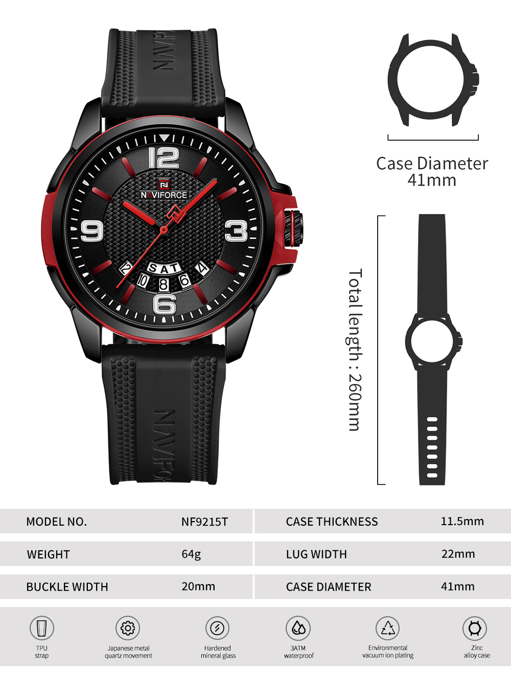 Picture of NAVIFORCE NF9215T Men’s Trendy Sports Waterproof Luminous Colorful Silicone Strap Youth Watch
