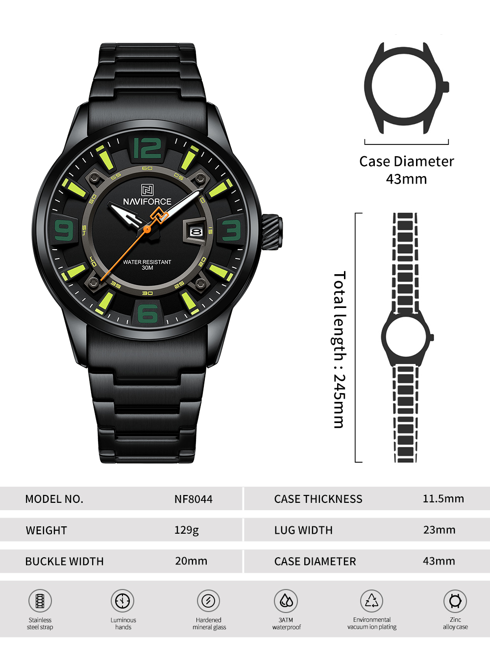 Picture of NAVIFORCE NF8044 Luminous Waterproof 3D Fun Dial Trendy Stainless Steel Strap Quartz Men’s Watch