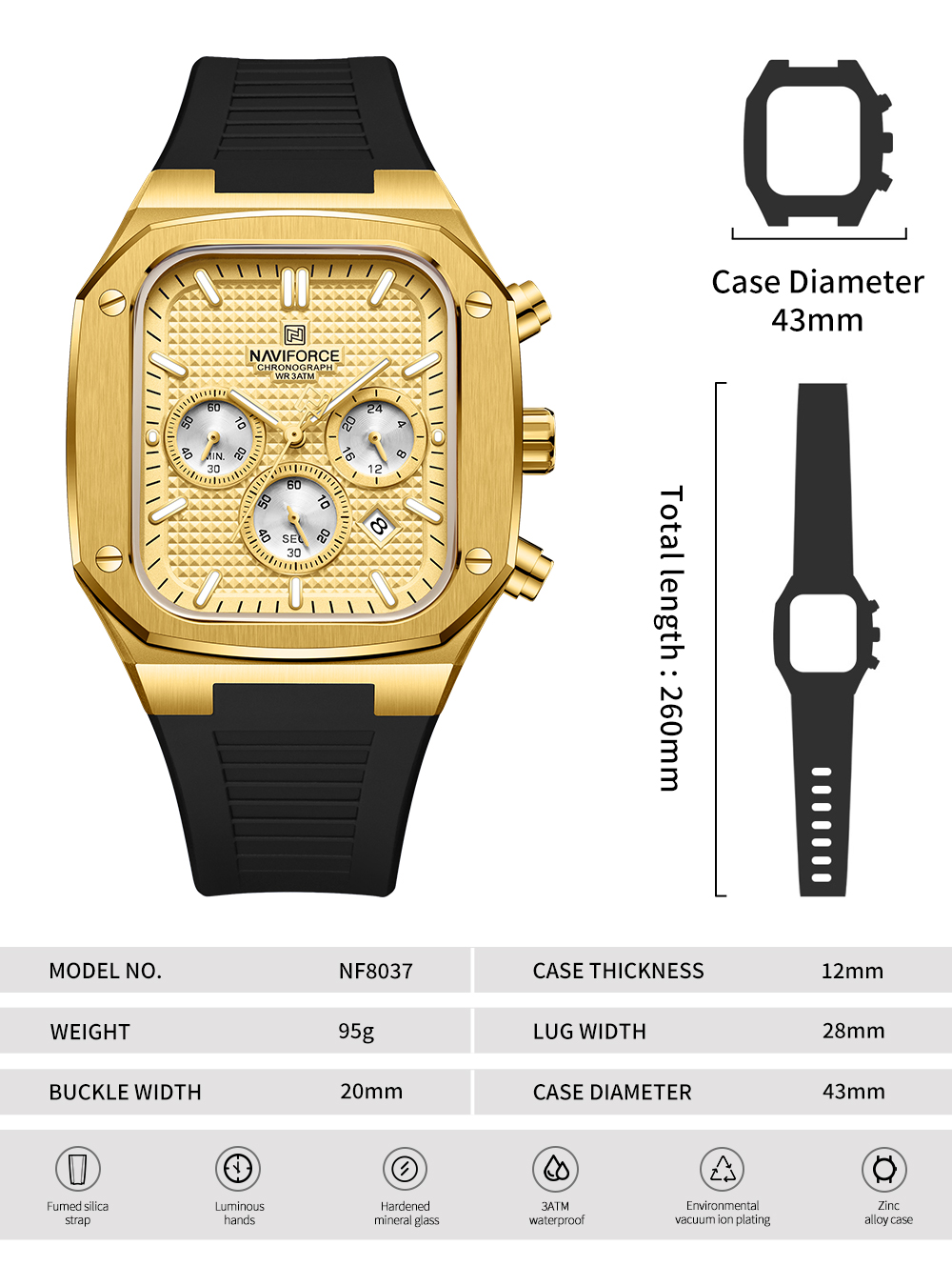 Picture of NAVIFORCE NF8037 Men’s Square Classic Big Face Chronograph Waterproof Luminous Silicone Strap Watch