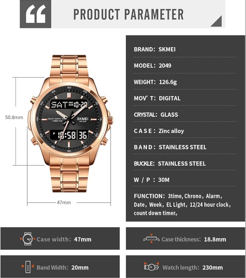 Picture of SKMEI SK2049 Stainless Steel Multifunctional Waterproof Watch For Men- RoseGold & Black