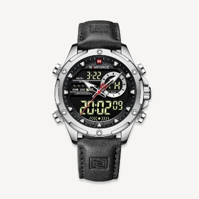 Picture of NAVIFORCE NF9208L Black PU Leather Dual Time Watch For Men - Silver & Black