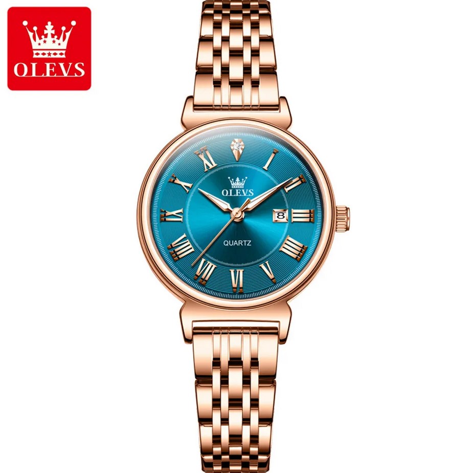 Picture of Olevs 9997L RoseGold Stainless Steel Analog Wrist Watch For Women - SkyBlue & RoseGold
