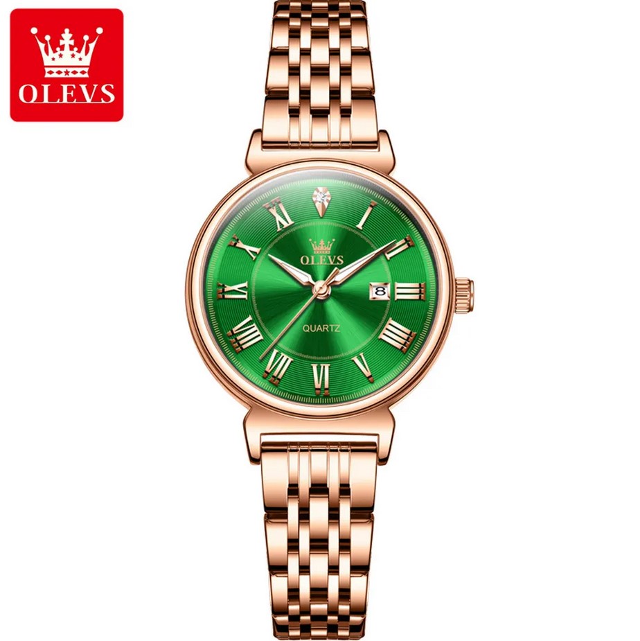 Picture of Olevs 9997L RoseGold Stainless Steel Analog Wrist Watch For Women - RoseGold & Green