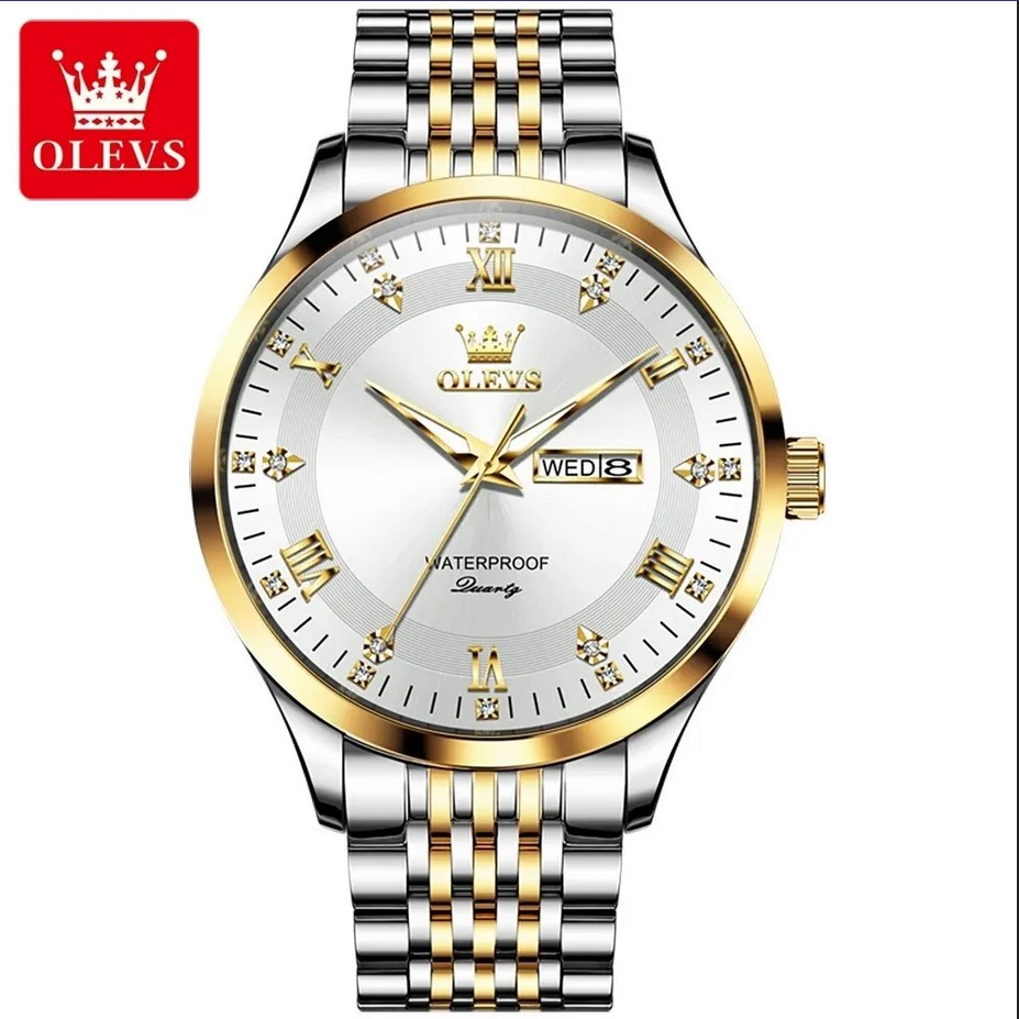 Picture of Olevs 2923S Silver & Golden Stainless Steel Analog Wrist Watch For Men - White Silver & Golden