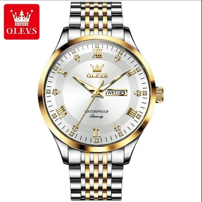 Picture of Olevs 2923S Silver & Golden Stainless Steel Analog Wrist Watch For Men - White Silver & Golden