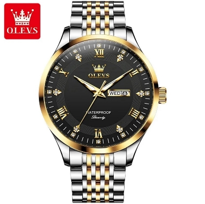 Picture of Olevs 2923S Silver & Golden Stainless Steel Analog Wrist Watch For Men - Black Silver & Golden