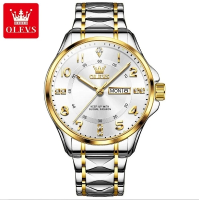 Picture of Olevs 2910G Silver & Golden Two Tone Stainless Steel Analog Wrist Watch For Men - White & Silver & Golden