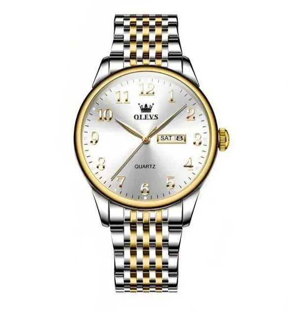 Picture of Olevs 5535S Silver & Golden Stainless Steel Analog Wrist Watch For Men - White Silver & Golden