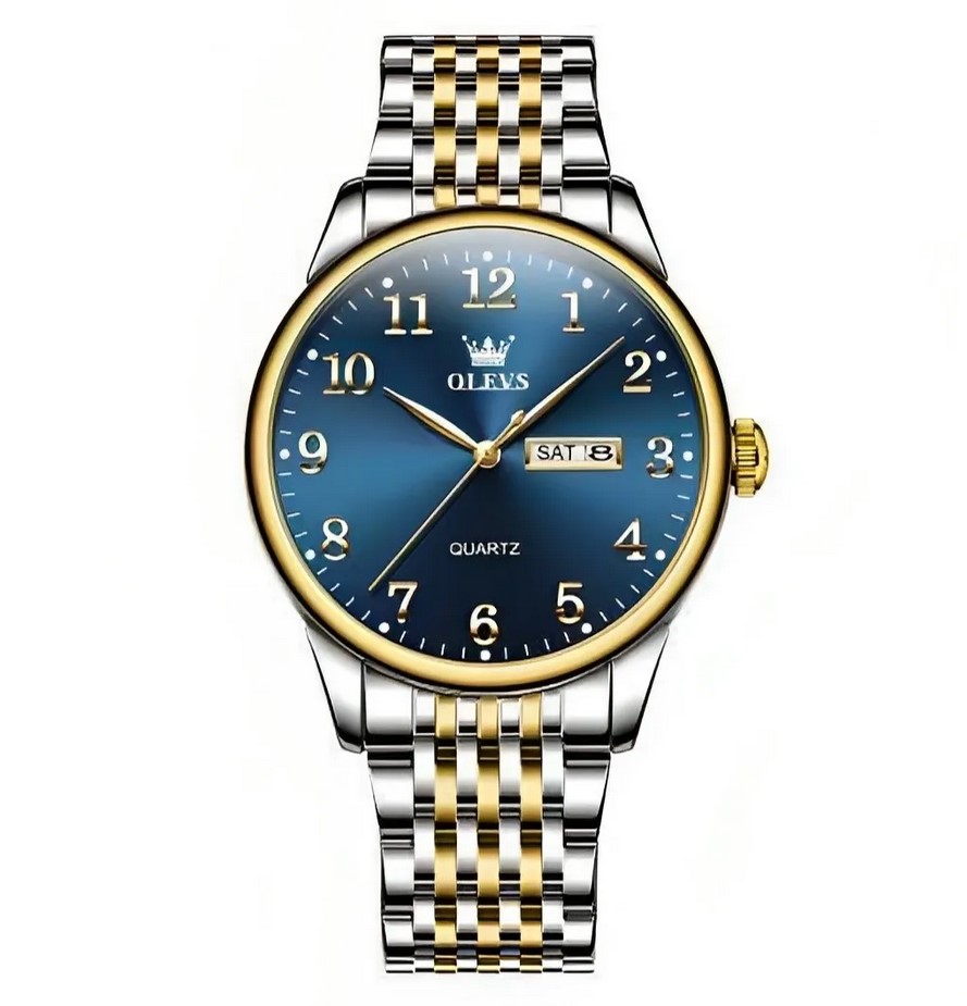 Picture of Olevs 5535S Silver & Golden Stainless Steel Analog Wrist Watch For Men -RoyalBlue Silver & Golden