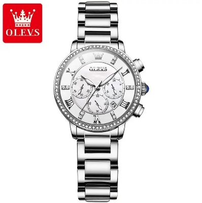 Picture of Olevs 9976L Silver Stainless Steel Chronograph Wrist Watch For Women - White & Silver