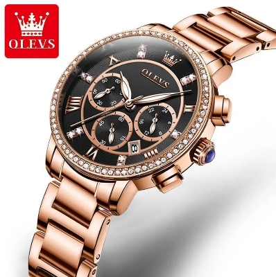 Picture of Olevs 9976L RoseGold Stainless Steel Chronograph Wrist Watch For Women - Black & RoseGold
