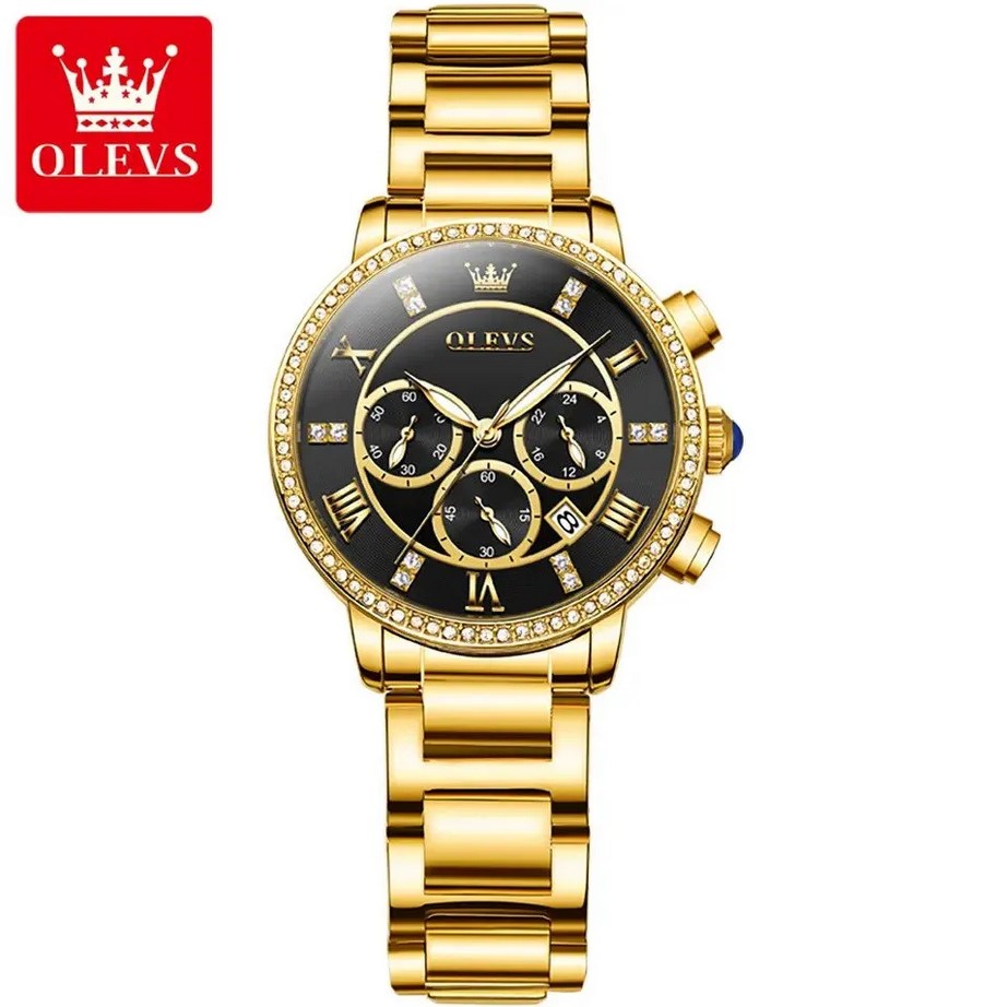 Picture of Olevs 9976W Golden Stainless Steel Chronograph Wrist Watch For Women - Black & Golden