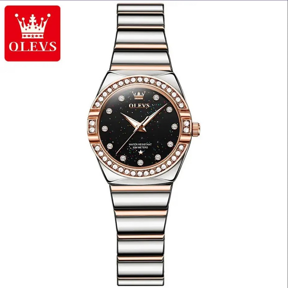 Picture of Olevs 9975S Silver & RoseGold Two Tone Stainless Steel Analog Wrist Watch For Women - Black & Silver