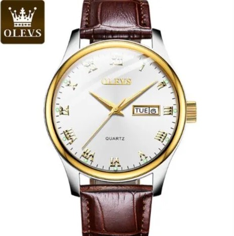 Picture of OLEVS 5568L Brown PU Leather Analog Wrist Watch For Men - White & Brown