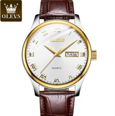 Picture of OLEVS 5568L Brown PU Leather Analog Wrist Watch For Men - White & Brown