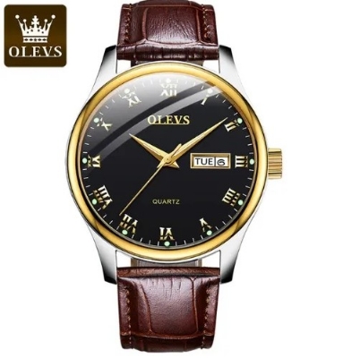 Picture of OLEVS 5568 Brown PU Leather Analog Wrist Watch For Men - Black & Brown