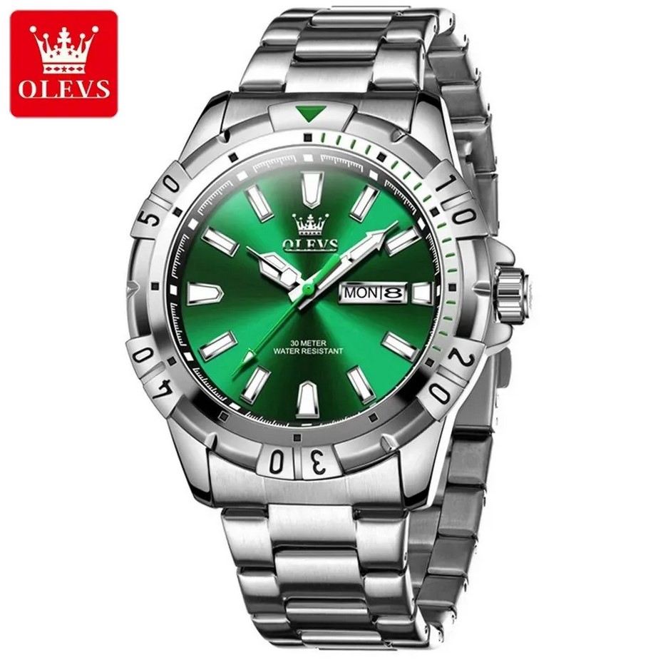 Picture of Olevs 5560S Silver Stainless Steel Analog Wrist Watch For Men - Green & Silver