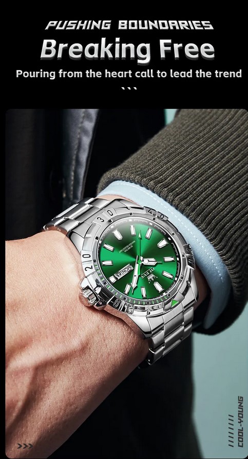 Picture of Olevs 5560S Silver Stainless Steel Analog Wrist Watch For Men - Green & Silver