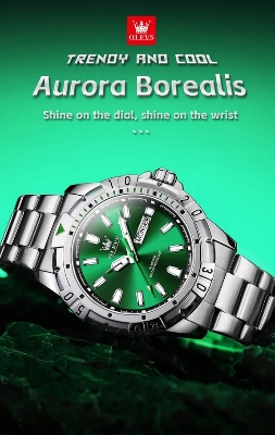 Picture of Olevs 5560S Silver Stainless Steel Analog Wrist Watch For Men - Green & Silver