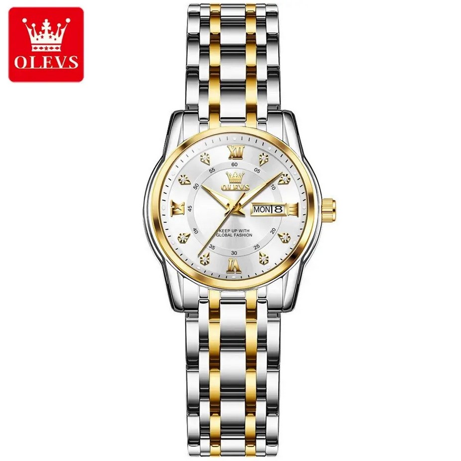 Picture of Olevs 5513L Silver & Golden Two Tone Stainless Steel Analog Wrist Watch For Women - White & Silver & Golden