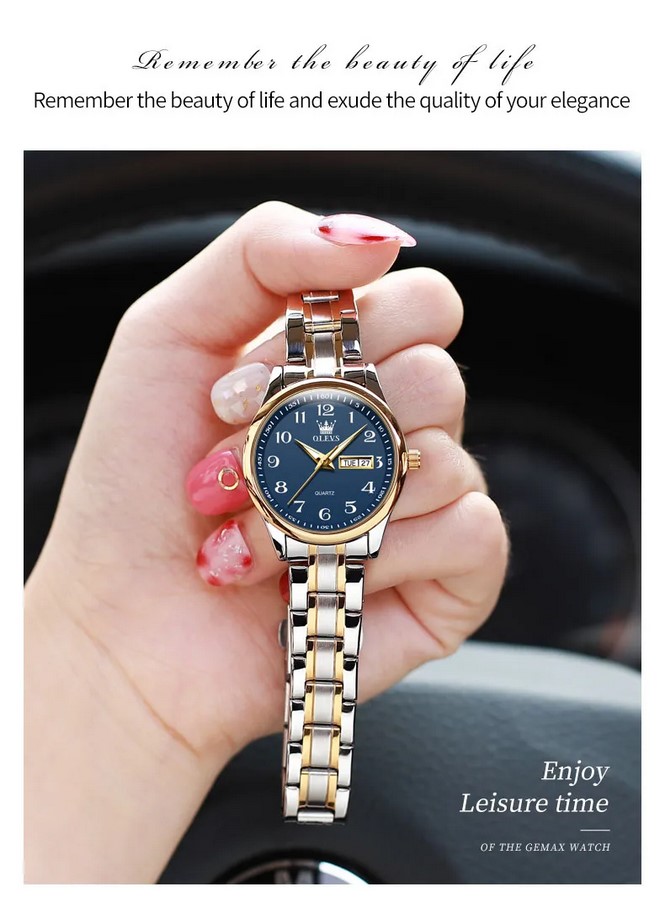 Picture of Olevs 5567L Silver & Golden Two Tone Stainless Steel Analog Wrist Watch For Women - RoyalBlue Silver & Golden