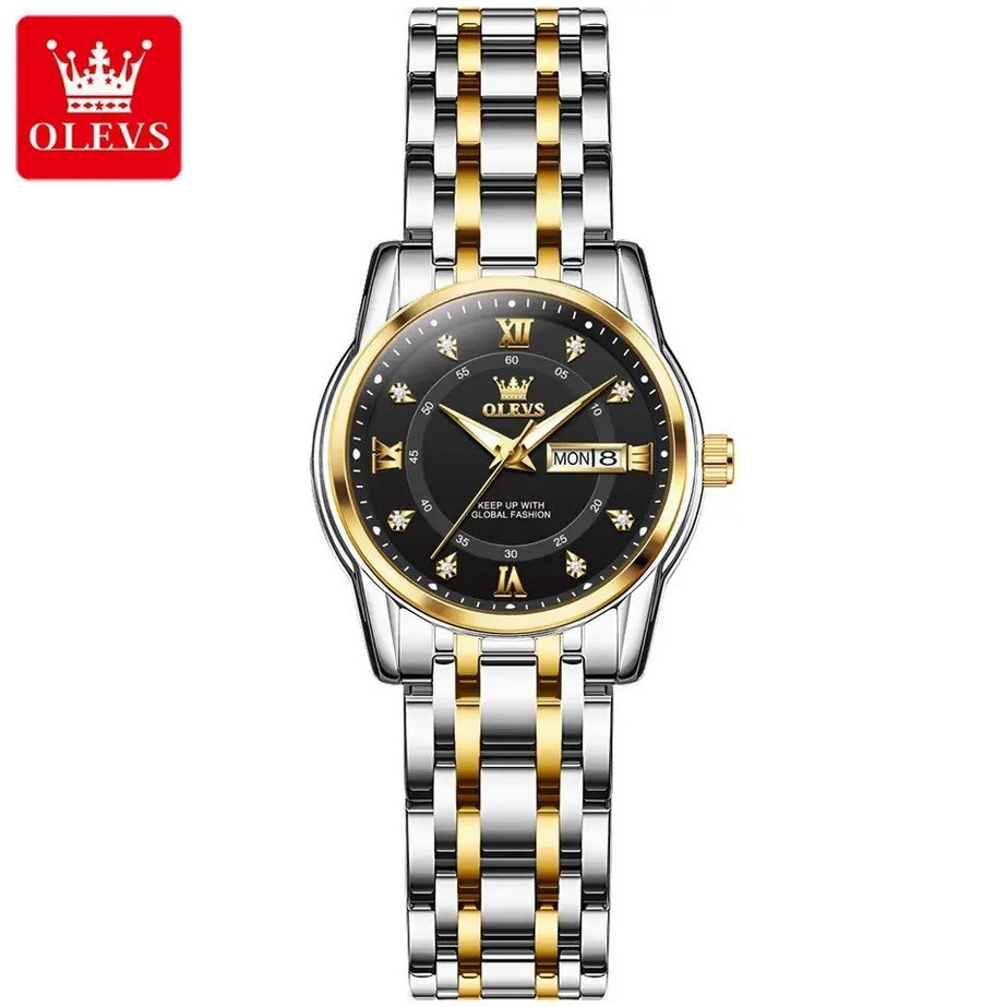 Picture of Olevs 5513L Silver & Golden Two Tone Stainless Steel Analog Wrist Watch For Women - Black Silver & Golden