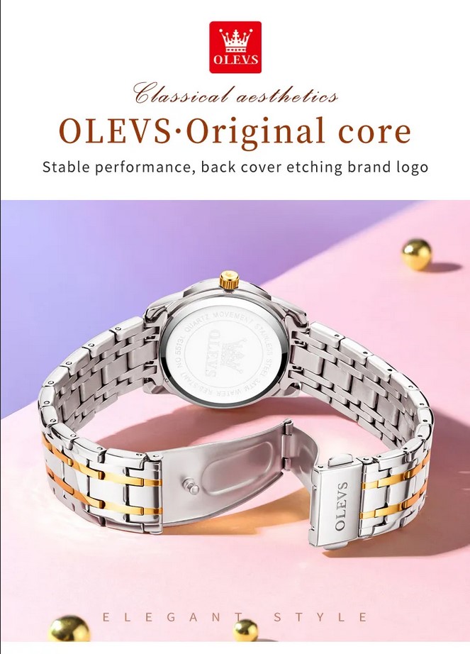 Picture of Olevs 5513L Silver & Golden Two Tone Stainless Steel Analog Wrist Watch For Women - Black Silver & Golden