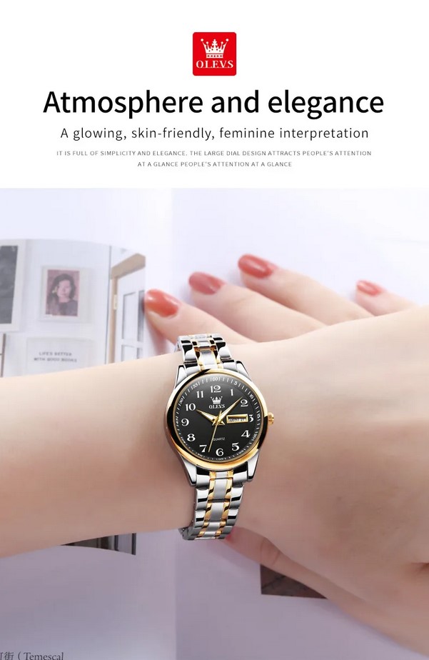 Picture of Olevs 5567L Silver & Golden Two Tone Stainless Steel Analog Wrist Watch For Women - Black & Silver & Golden