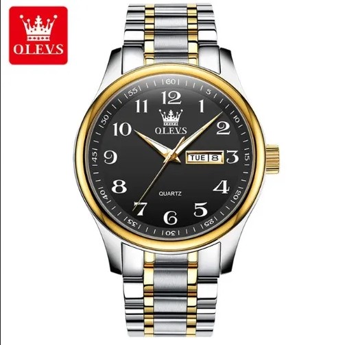 Picture of Olevs 5567G Silver & Golden Two Tone Stainless Steel Analog Wrist Watch For Men - Black Silver & Golden